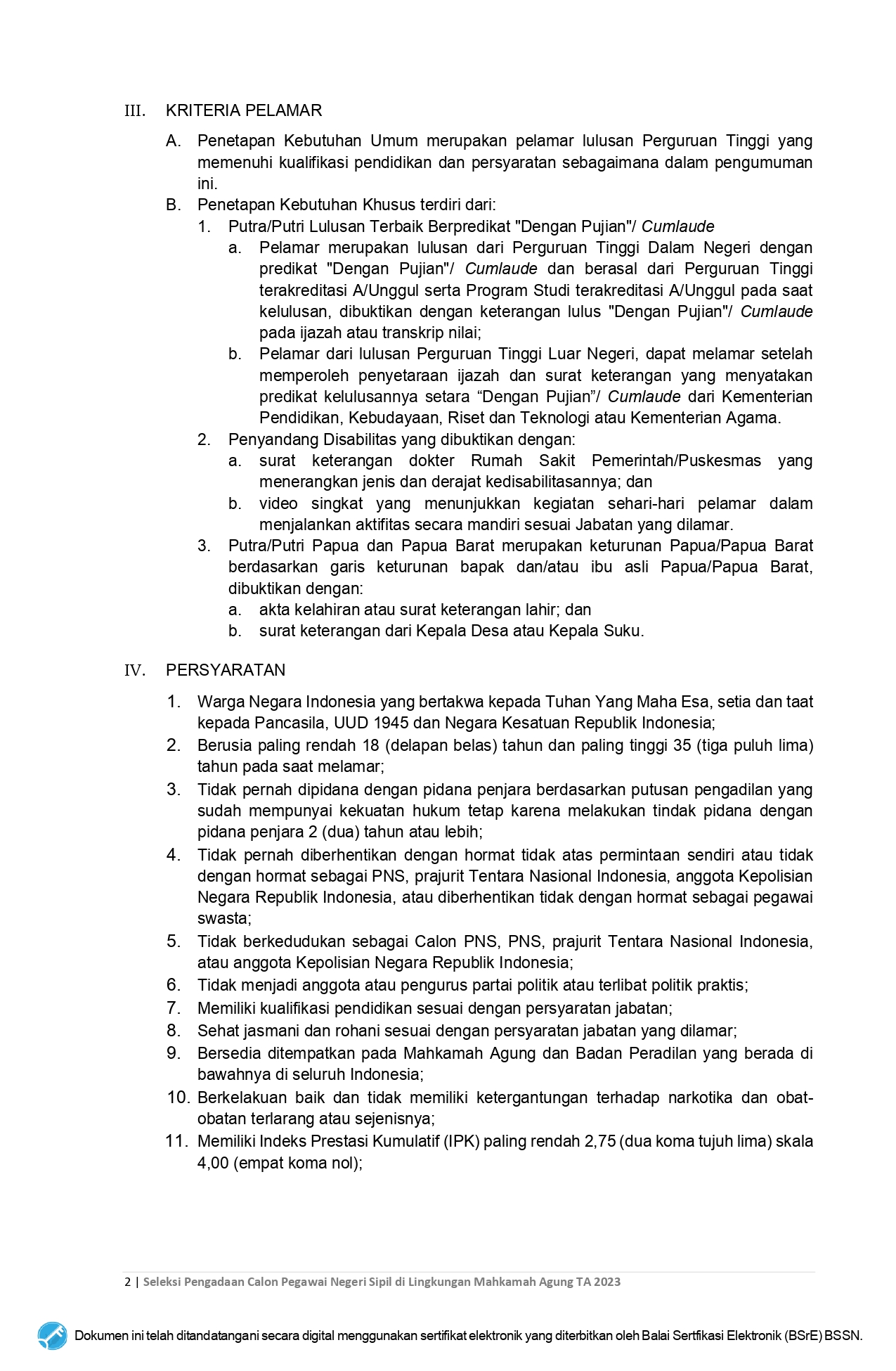 Pengumuman Pelaksanaan Seleksi Pengadaan CPNS MA 2023 sign page 0002