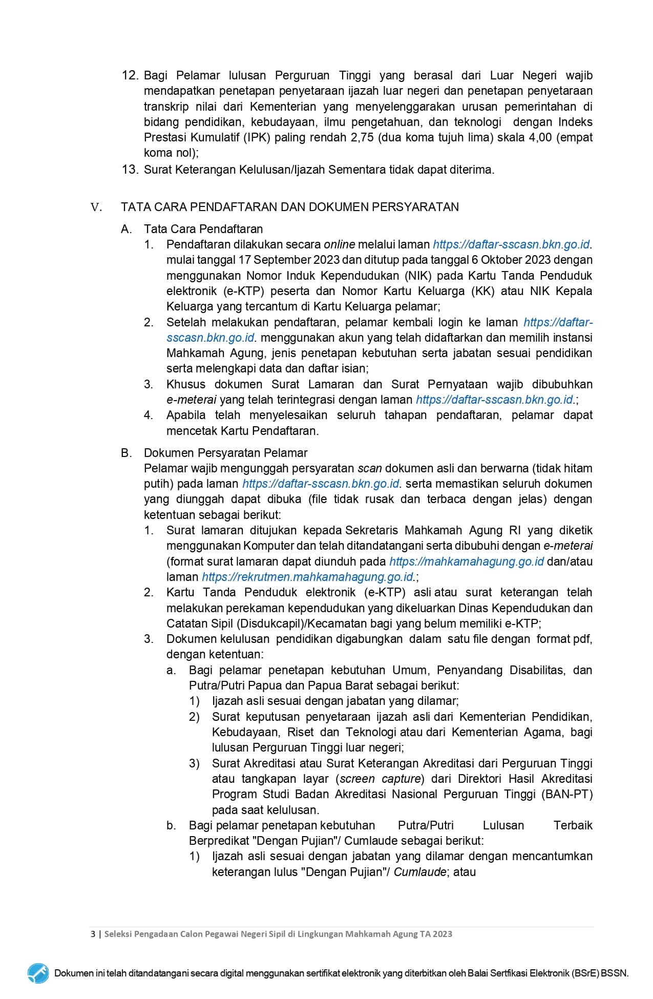 Pengumuman Pelaksanaan Seleksi Pengadaan CPNS MA 2023 sign page 0003