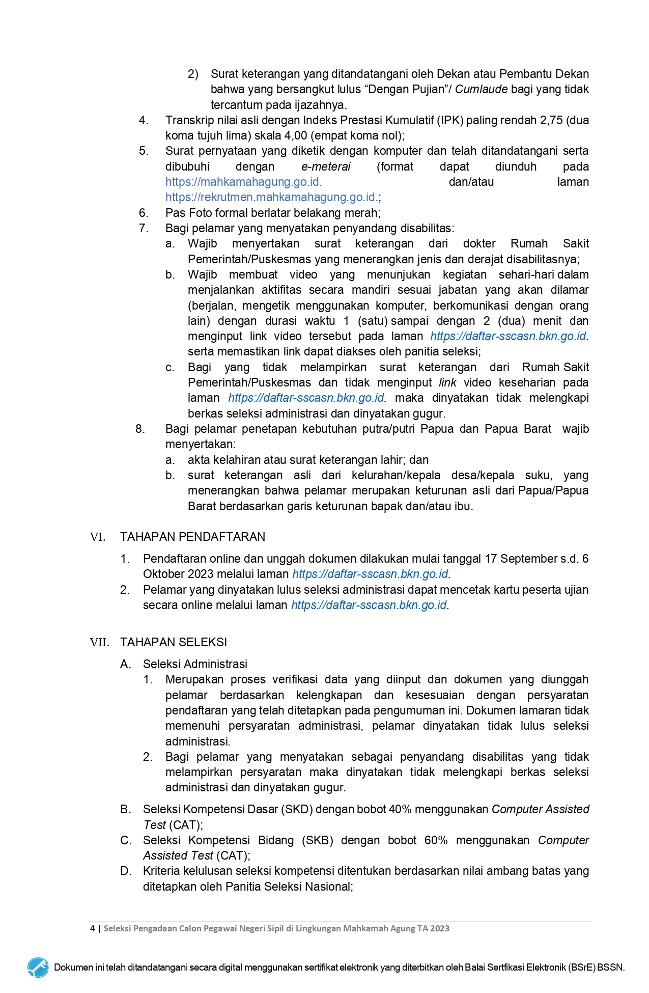 Pengumuman Pelaksanaan Seleksi Pengadaan CPNS MA 2023 sign page 0004
