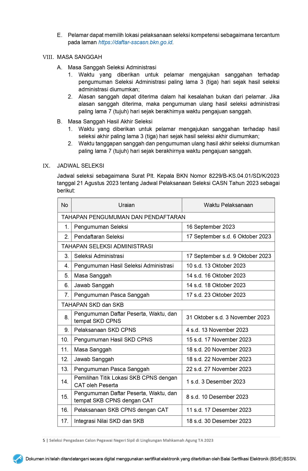 Pengumuman Pelaksanaan Seleksi Pengadaan CPNS MA 2023 sign page 0005