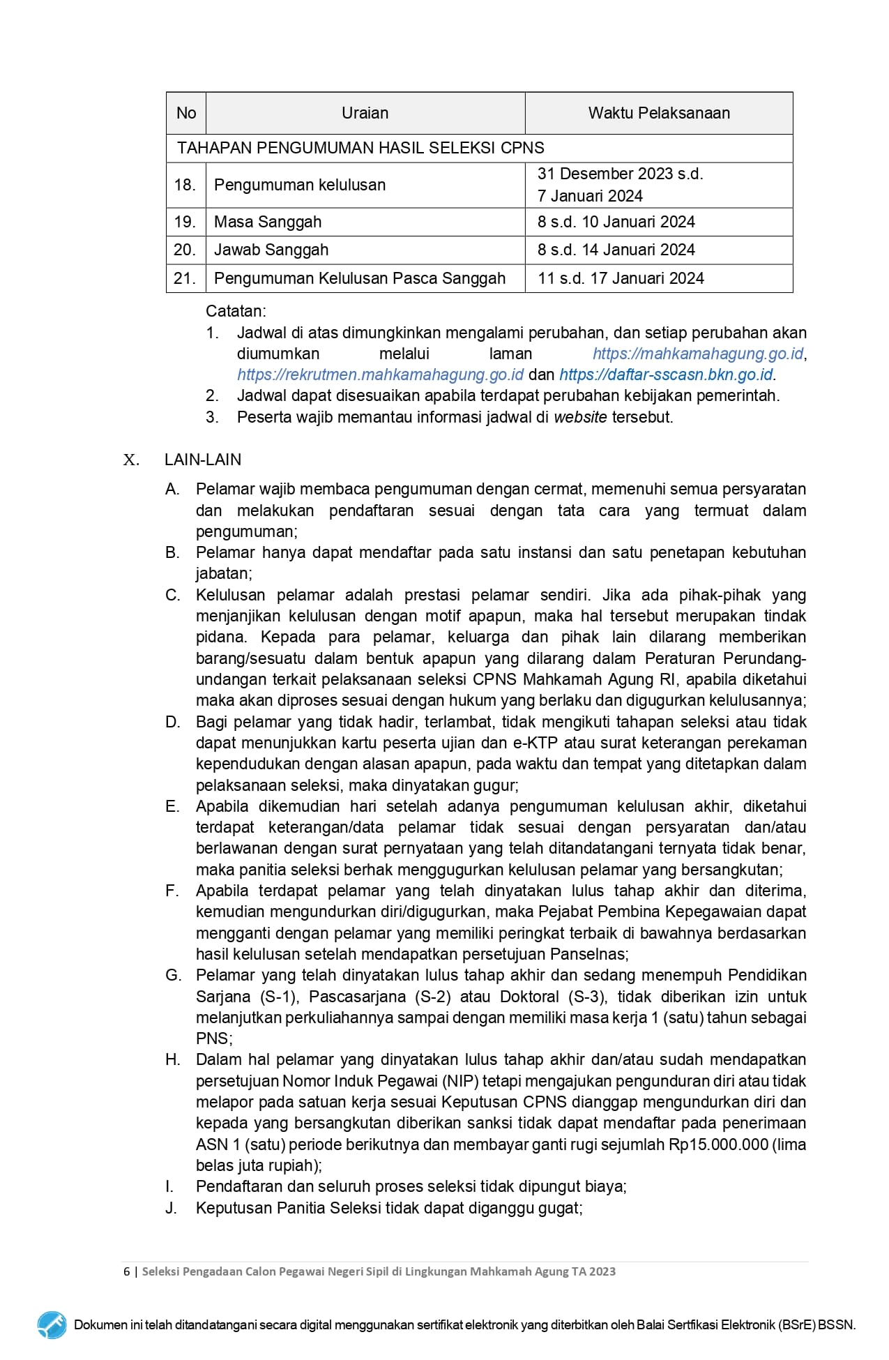 Pengumuman Pelaksanaan Seleksi Pengadaan CPNS MA 2023 sign page 0006