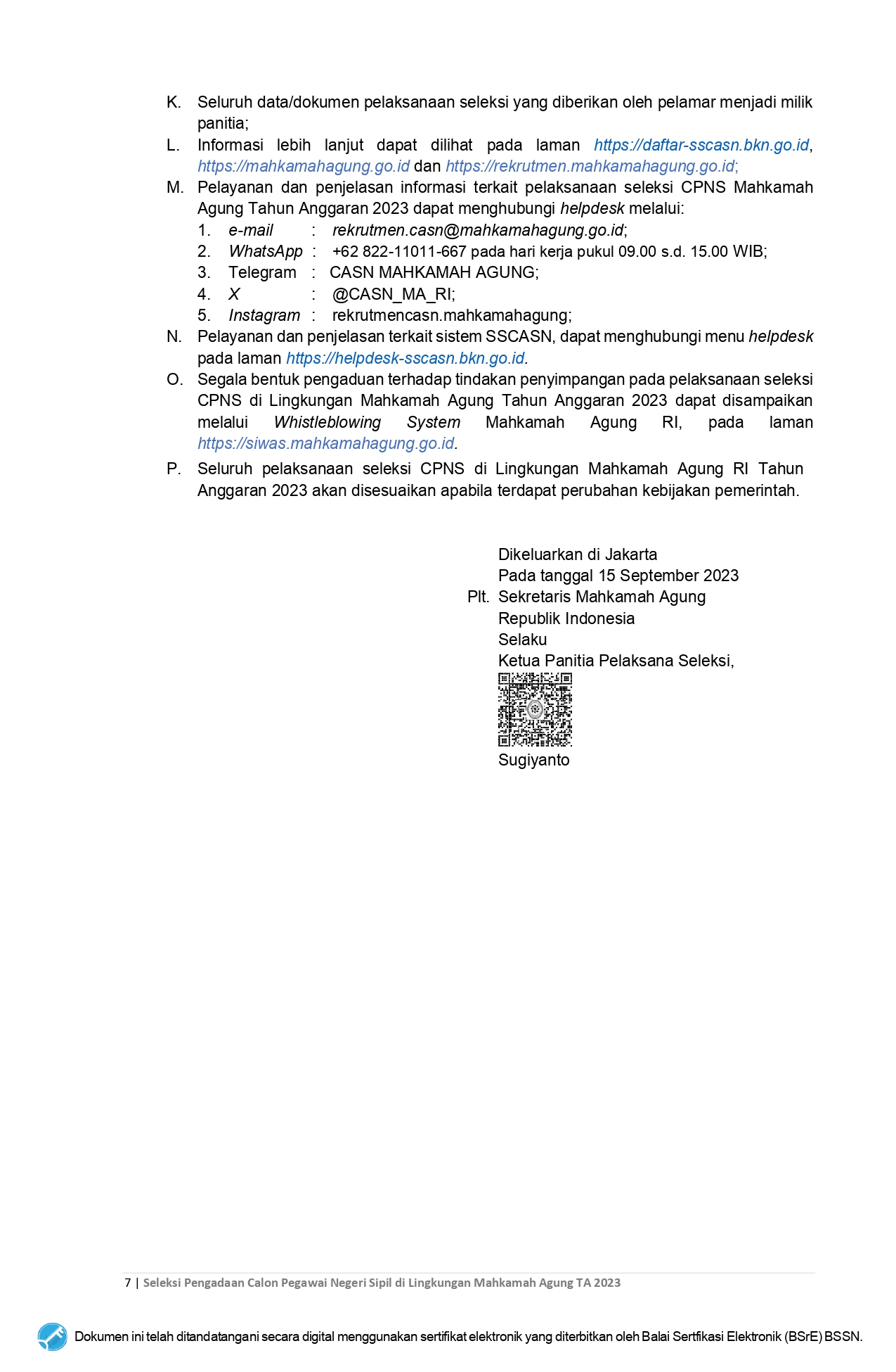 Pengumuman Pelaksanaan Seleksi Pengadaan CPNS MA 2023 sign page 0007