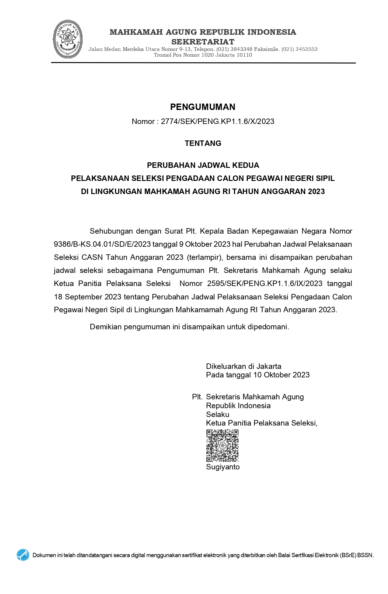  Pengumuman Perubahan Jadwal Seleksi Pengadaan CPNS MA 2023 2 sign page 0001